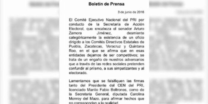 Comunicado emitido por el PRI.