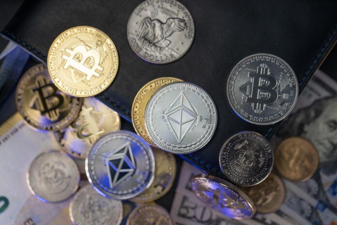 Ethereum and Bitcoin coins, half Dollar coins on banknotes. Trading Crypto